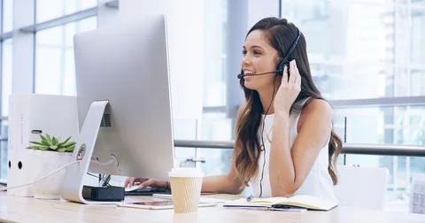 Call center, customer support and woman on computer in office for talking Stock Photos