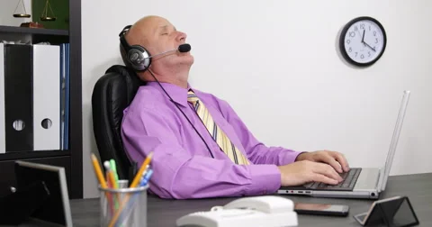 Call Center Customer Support Operator Man Falling Asleep Sitting Sleeping Desk Stock-Footage 50037012