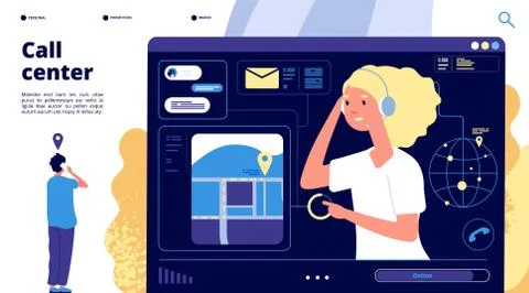 Call center. Customers chat with support operator, counselor helping client Illustrazione stock