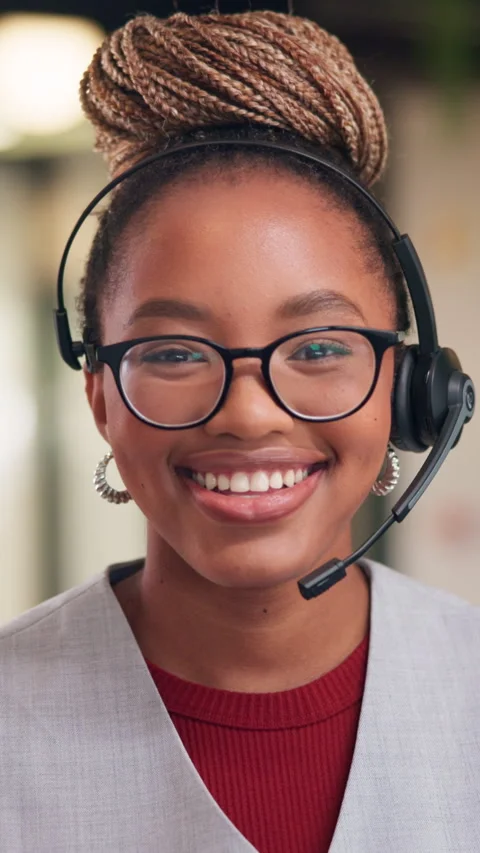 Call center, face and black woman in headset with smile for customer support or Stock Footage 335846615
