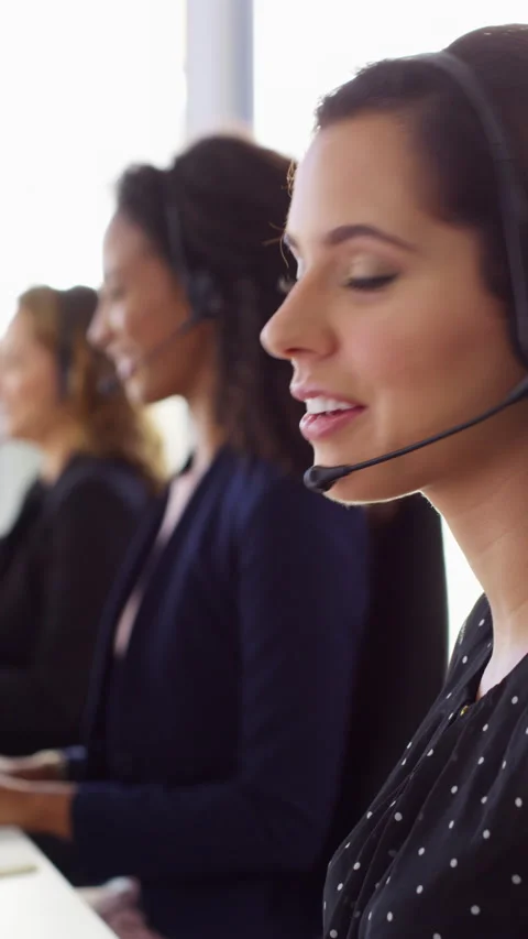 Call center, face and happy woman with mic, chat and talking with contact for Stock Footage 334946259