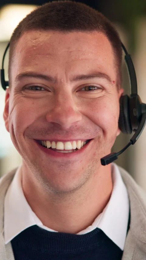 Call center, face and man in headset with smile for customer support or friendly Stock Footage 335792327