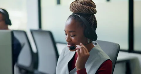 Call center, headset and black woman for customer support, advice or virtual Stock Footage 335774299
