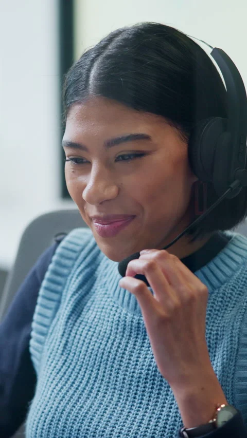 Call center, headset and happy woman with tech support, communication or Stock Footage 335741183