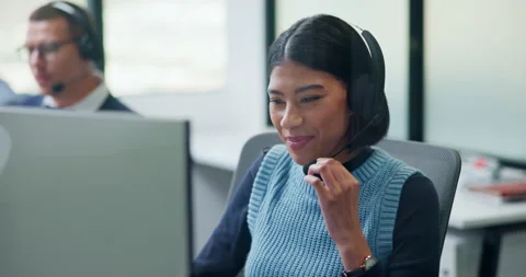 Call center, headset and happy woman with customer support, tech advice or Stock Footage 335744445