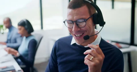 Call center, headset and happy man with tech support, communication or customer Stock Footage 335828651