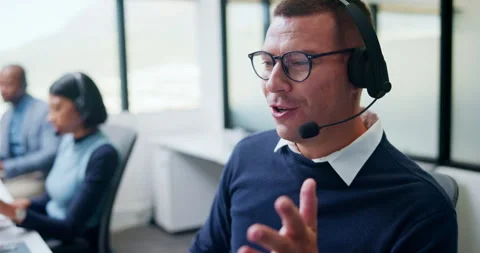 Call center, headset and man with customer support, advice or virtual Stock Footage 335833042