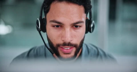 Call center, headset and man in office on computer for financial consultant Stock Footage 336306469