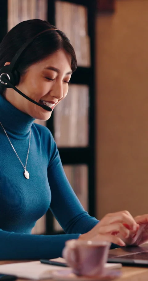 Call center, headset or agent in house with laptop, contact us or telecom advice Stock Footage 340962380