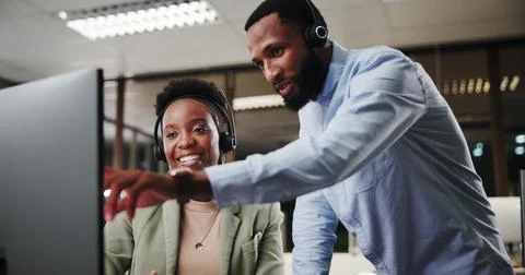 Call center, help and coaching team on computer for customer service, sales or Stock Photos