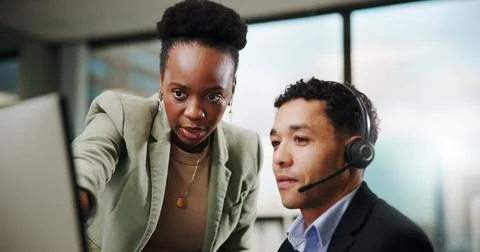 Call center, help and training with mentor on computer for customer service Stock Photos