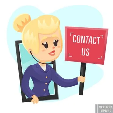 Call center help design Beautiful funny woman holding sign contact us vector  Stock Illustration