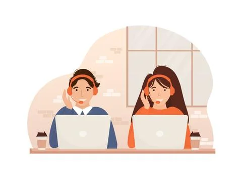 Call center, hotline flat vector illustrations. Smiling office workers with Stock Illustration