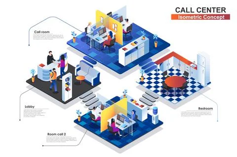 Call center interior isometric concept. People characters work at lobby, two  Illustrazione stock