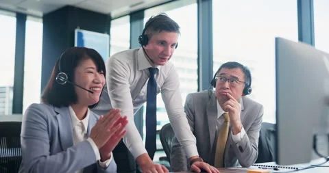 Call center, learning or leader with happy people on computer for support Stock Footage 292966604