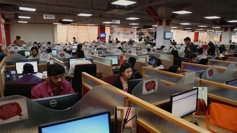 Call center long view by a corner. People working in nromal routine, Stock Footage 100280533