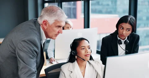 Call center manager, advice and teamwork with computer for problem solving Video stock 307986632