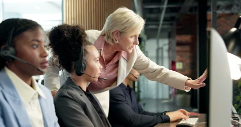 Call center, manager and help for training with computer, crm system guidance or Stock Footage 342724810