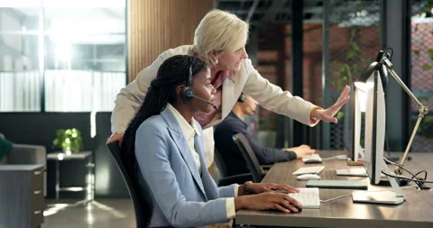 Call center, manager and help for coaching with computer, crm system guidance or Stock Footage 342740217