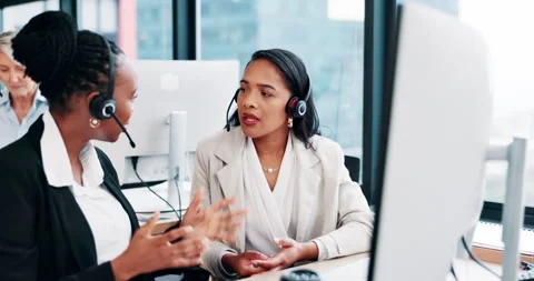 Call center manager, computer and teamwork with advice for sales training, lead Stock Footage 307986452