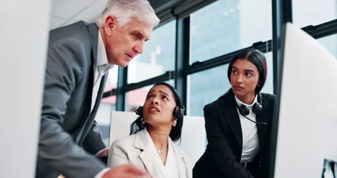 Call center manager, help and teamwork with computer for sales advice, website Stock Footage 307986561