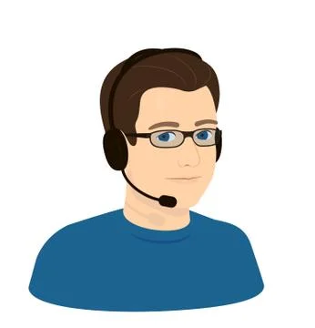 Call center operator boy man with glasses and headphones with microphone - Stock Illustration
