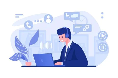 Call center operator. Cartoon character with headset at the desk working in Stock Illustration
