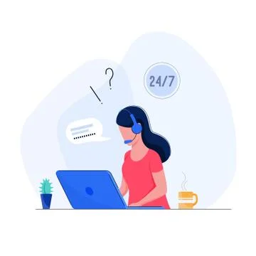 Call center operator. Customer service support concept. Woman helps clients on Illustrazione stock