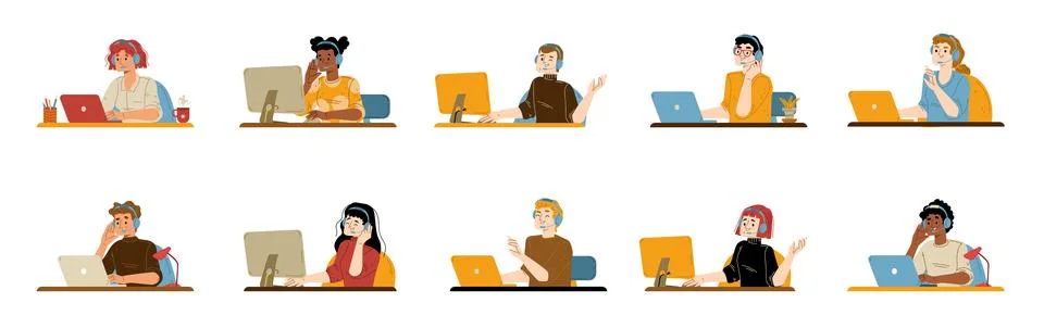 Call center operator customer support isolated set Stock Illustration
