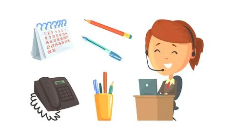 Call Center Operator with Headset Sitting at Desk and Office Supplies Vector Set 스톡 일러스트