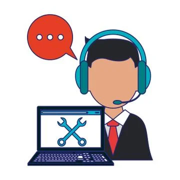 Call center operator with laptop technical support blue lines Illustrazione stock