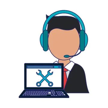 Call center operator with laptop technical support blue lines Stock Illustration
