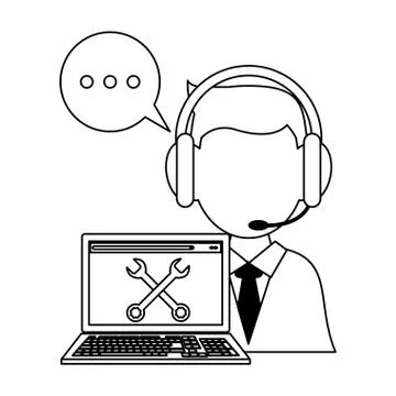 Call center operator with laptop technical support in black and white Stock Illustration