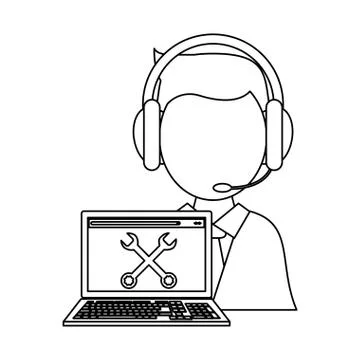 Call center operator with laptop technical support in black and white Illustrazione stock