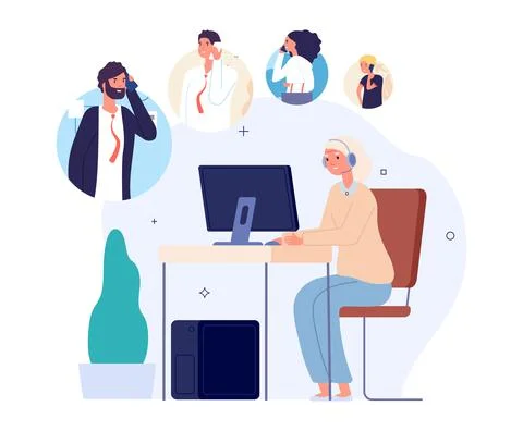 Call center operator queue. Support service waiting line, people need help or Stock Illustration