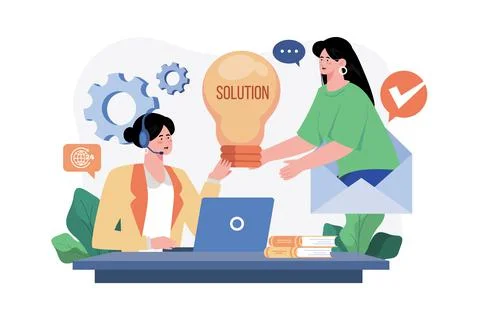 Call center operator talking with a client about the solution. Stock Illustration