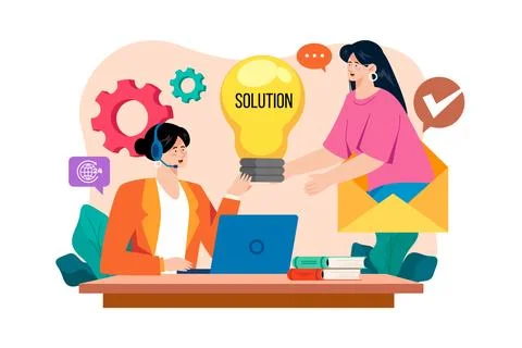 Call Center Operator Talking With A Client About The Solution. Stock Illustration