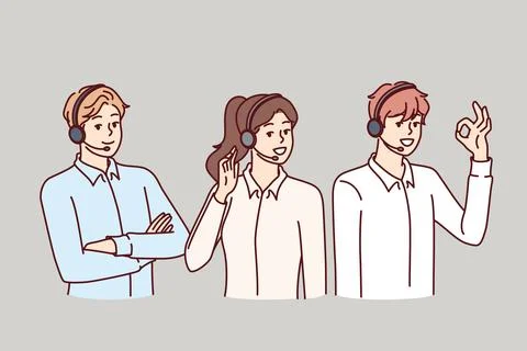 Call center or customer support employees use headset with microphone to make Stock Illustration