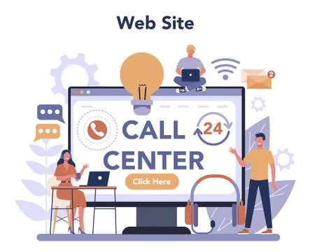 Call center or technical support online service or platform. Illustrazione stock