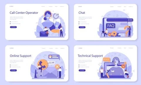 Call center or technical support web banner or landing page set. Illustrazione stock