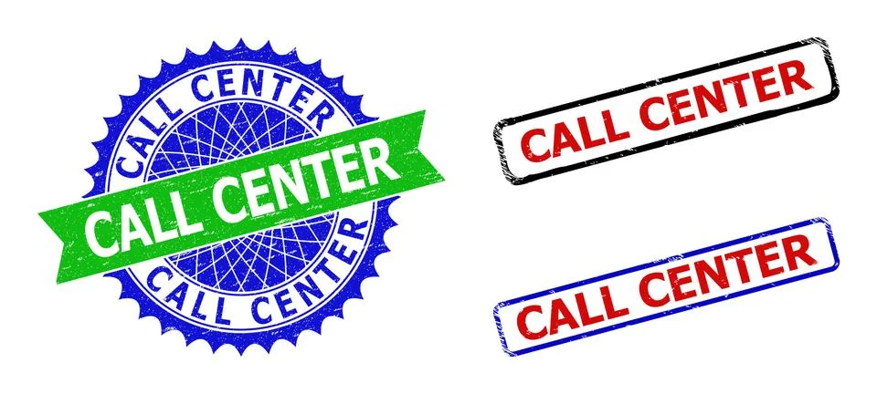 CALL CENTER Rosette and Rectangle Bicolor Stamps with Grunged Styles Stock Illustration