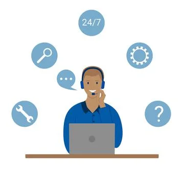 Call center. Round the clock hotline for calls. Support service operator with Stock Illustration