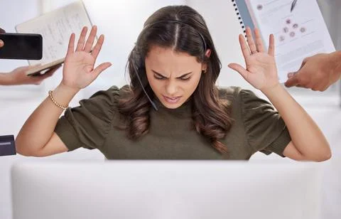 Call center, stop and hands of overworked woman in telemarketing office to Stock Photos