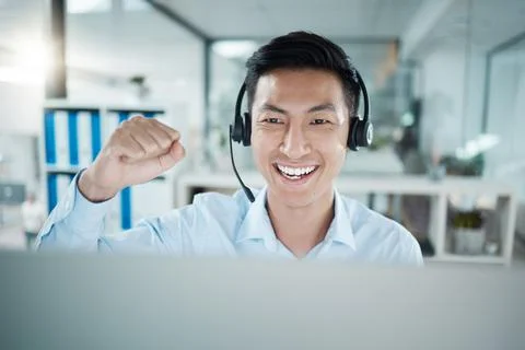 Call center, success and sales consultant on target for winning a telemarketing Stock Photos