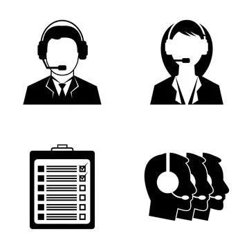 Call center support agents with headset and checklist icons Stock Illustration