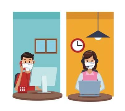 Call center support couple workers wearing medical mask Illustrazione stock
