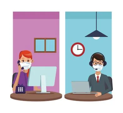 Call center support couple workers wearing medical mask Illustrazione stock