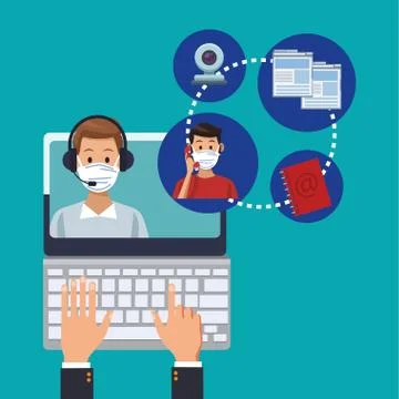 Call center support male workers wearing medical mask Illustrazione stock