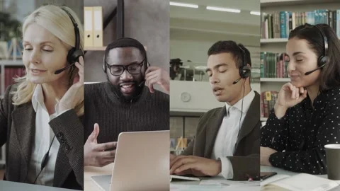 Call Center Support staff Collage. Workers with headsets in the process Stock Footage 155652136