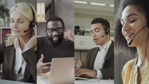 Call Center Support staff Collage. Workers with headsets in the process of Stock Footage 157589972